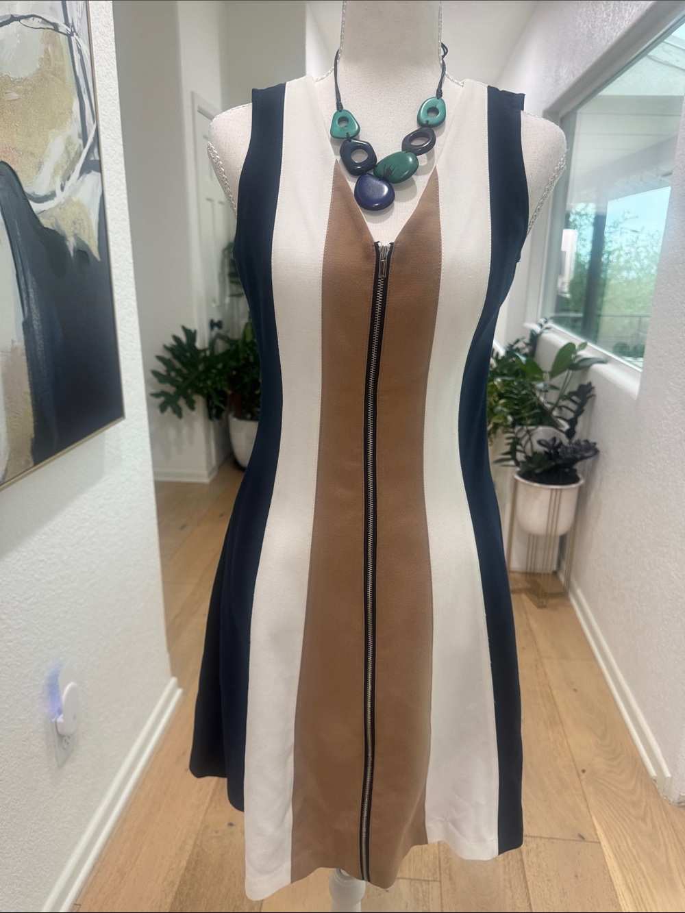 Sleeveless Zip-Front Dress in Navy, Cream & Brown, Dressy/Office dress Size 2